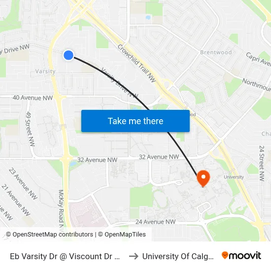 Eb Varsity Dr @ Viscount Dr NW to University Of Calgary map