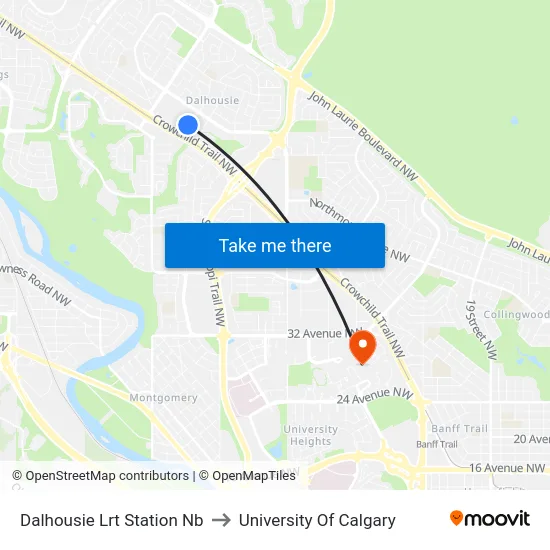 Dalhousie Lrt Station Nb to University Of Calgary map