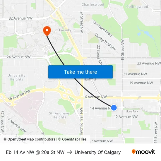 Eb 14 Av NW @ 20a St NW to University Of Calgary map