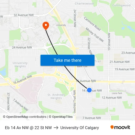 Eb 14 Av NW @ 22 St NW to University Of Calgary map
