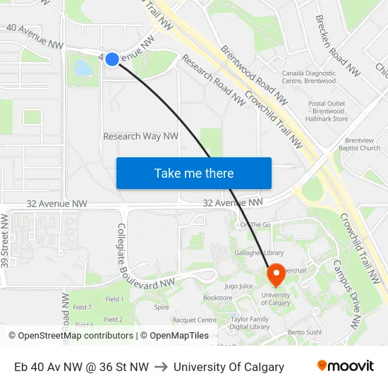Eb 40 Av NW @ 36 St NW to University Of Calgary map
