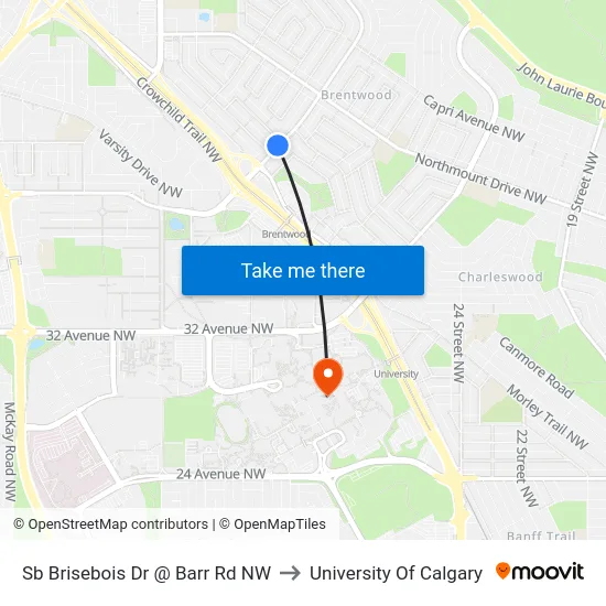 Sb Brisebois Dr @ Barr Rd NW to University Of Calgary map