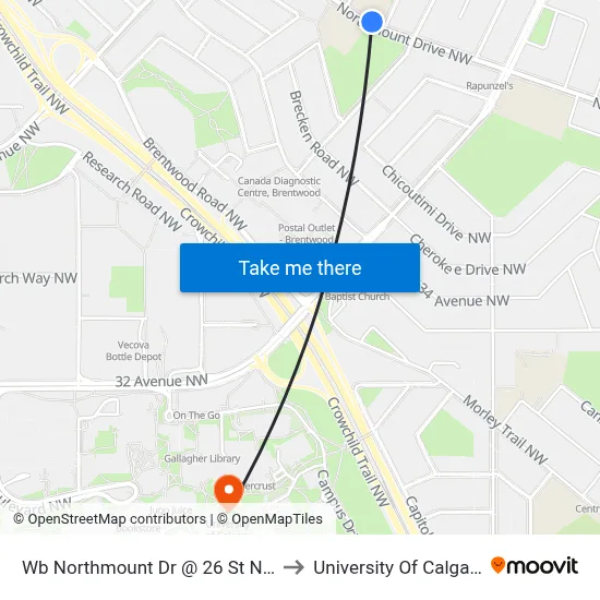 Wb Northmount Dr @ 26 St NW to University Of Calgary map