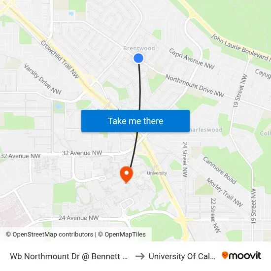 Wb Northmount Dr @ Bennett Cr NW to University Of Calgary map