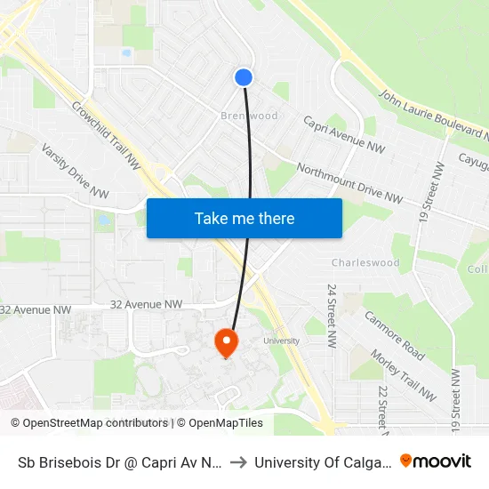 Sb Brisebois Dr @ Capri Av NW to University Of Calgary map
