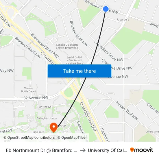 Eb Northmount Dr @ Brantford Dr NW to University Of Calgary map