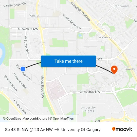 Sb 48 St NW @ 23 Av NW to University Of Calgary map