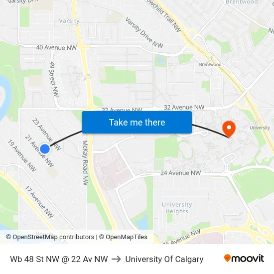 Wb 48 St NW @ 22 Av NW to University Of Calgary map