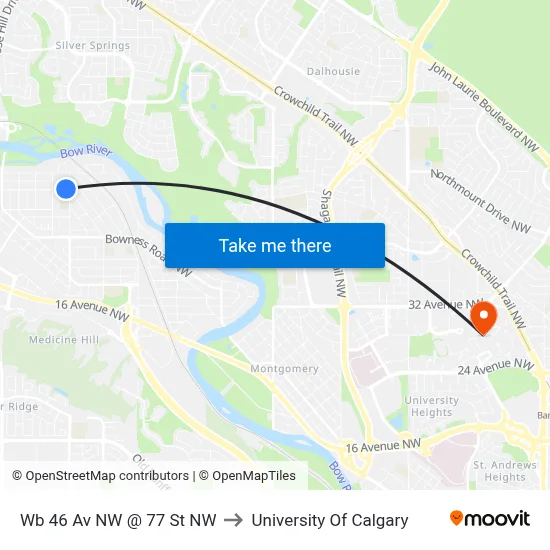 Wb 46 Av NW @ 77 St NW to University Of Calgary map
