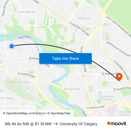 Wb 46 Av NW @ 81 St NW to University Of Calgary map