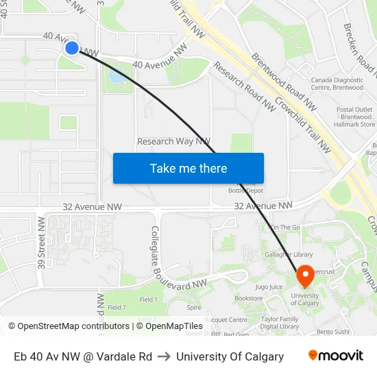Eb 40 Av NW @ Vardale Rd to University Of Calgary map