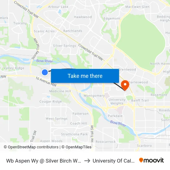 Wb Aspen Wy @ Silver Birch Wy NW to University Of Calgary map