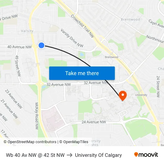 Wb 40 Av NW @ 42 St NW to University Of Calgary map