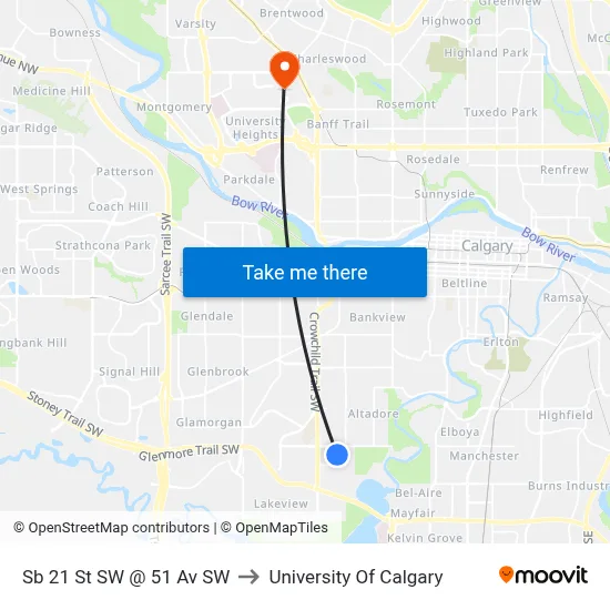 Sb 21 St SW @ 51 Av SW to University Of Calgary map