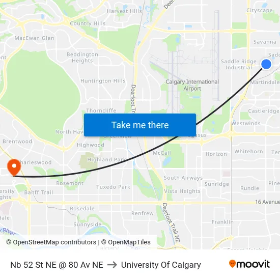 Nb 52 St NE @ 80 Av NE to University Of Calgary map
