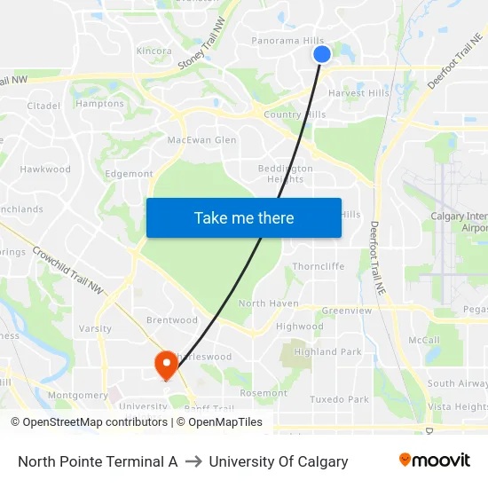North Pointe Terminal A to University Of Calgary map