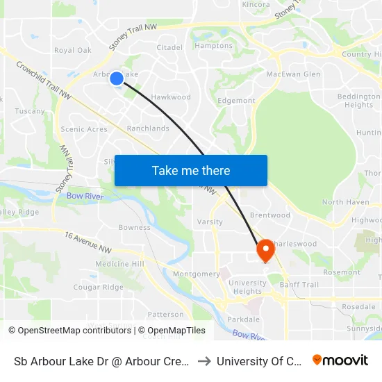 Sb Arbour Lake Dr @ Arbour Crest Rd NW to University Of Calgary map