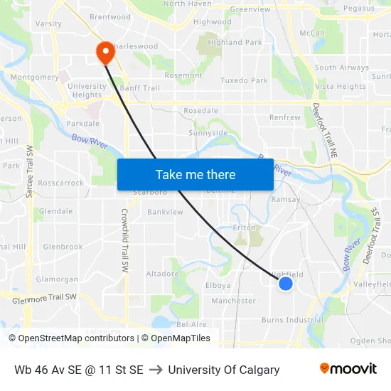 Wb 46 Av SE @ 11 St SE to University Of Calgary map