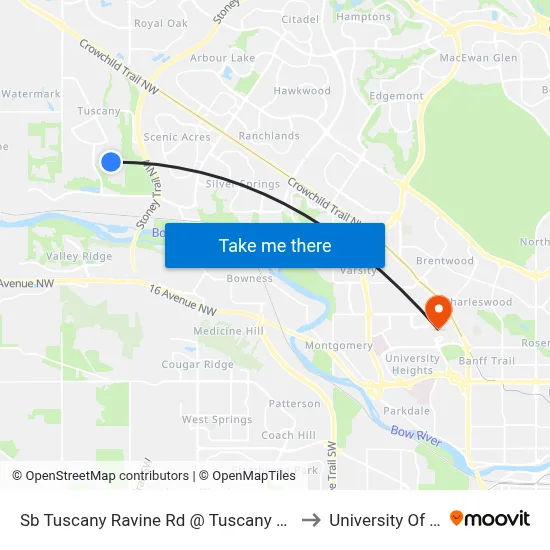 Sb Tuscany Ravine Rd @ Tuscany Meadows Dr NW to University Of Calgary map