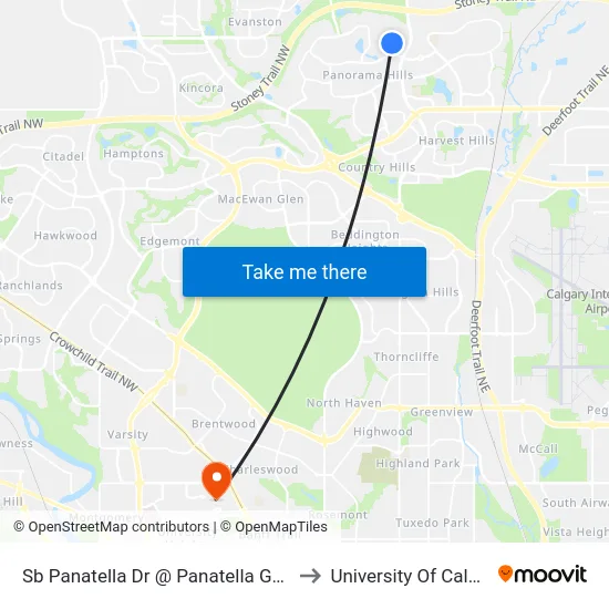 Sb Panatella Dr @ Panatella Ga NW to University Of Calgary map