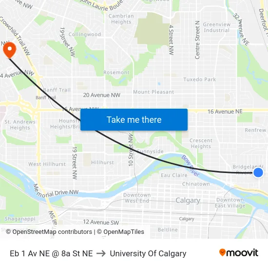 Eb 1 Av NE @ 8a St NE to University Of Calgary map