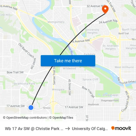 Wb 17 Av SW @ Christie Park Ga to University Of Calgary map