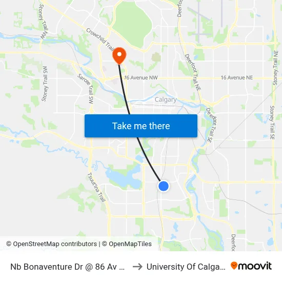 Nb Bonaventure Dr @ 86 Av SE to University Of Calgary map