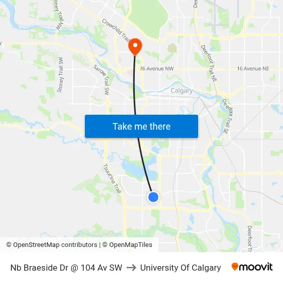 Nb Braeside Dr @ 104 Av SW to University Of Calgary map