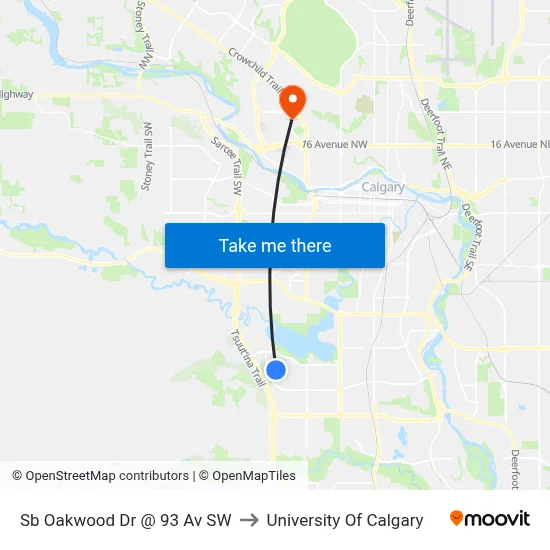 Sb Oakwood Dr @ 93 Av SW to University Of Calgary map