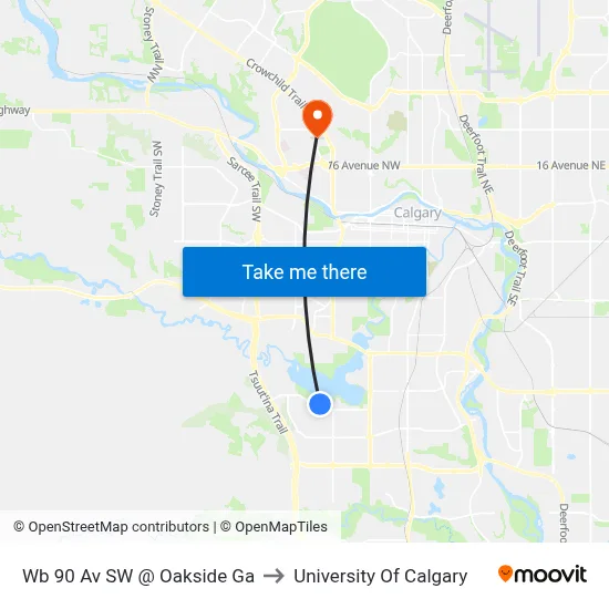 Wb 90 Av SW @ Oakside Ga to University Of Calgary map