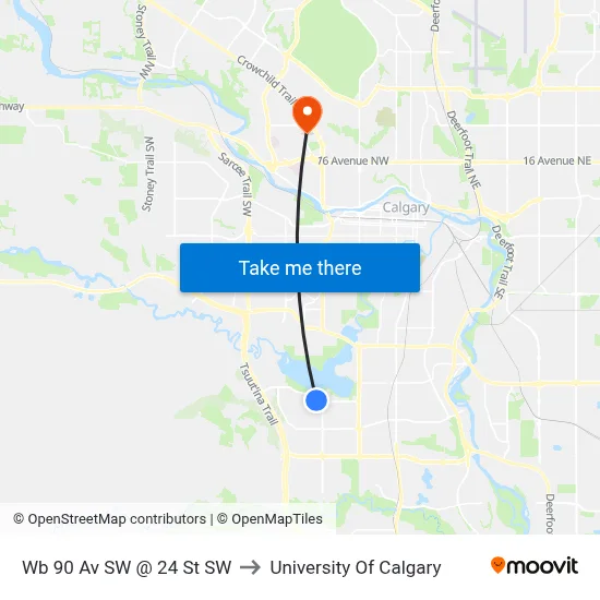 Wb 90 Av SW @ 24 St SW to University Of Calgary map