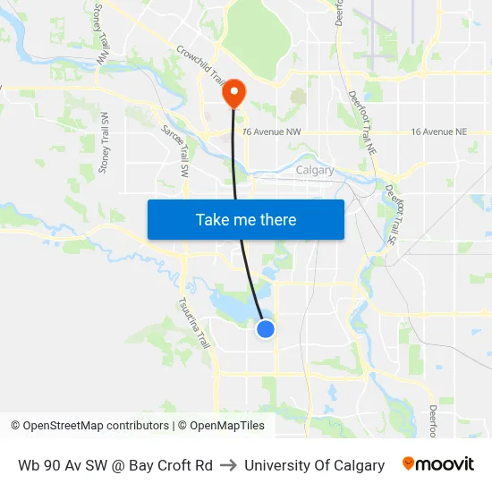 Wb 90 Av SW @ Bay Croft Rd to University Of Calgary map