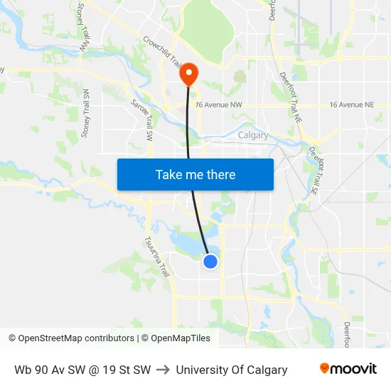 Wb 90 Av SW @ 19 St SW to University Of Calgary map
