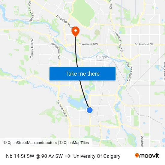 Nb 14 St SW @ 90 Av SW to University Of Calgary map