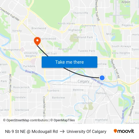 Nb 9 St NE @ Mcdougall Rd to University Of Calgary map