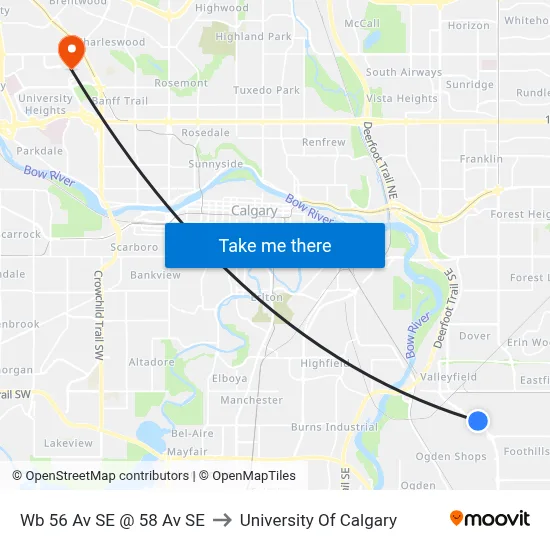 Wb 56 Av SE @ 58 Av SE to University Of Calgary map