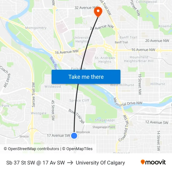 Sb 37 St SW @ 17 Av SW to University Of Calgary map