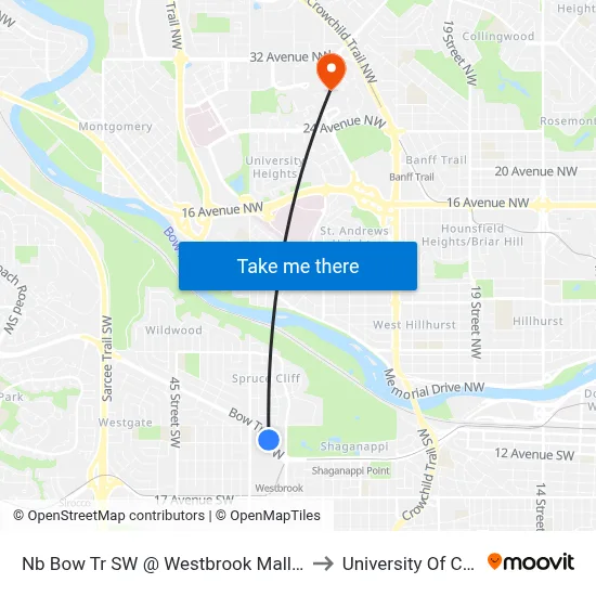 Nb Bow Tr SW @ Westbrook Mall Overpass to University Of Calgary map