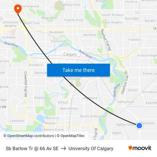 Sb Barlow Tr @ 66 Av SE to University Of Calgary map