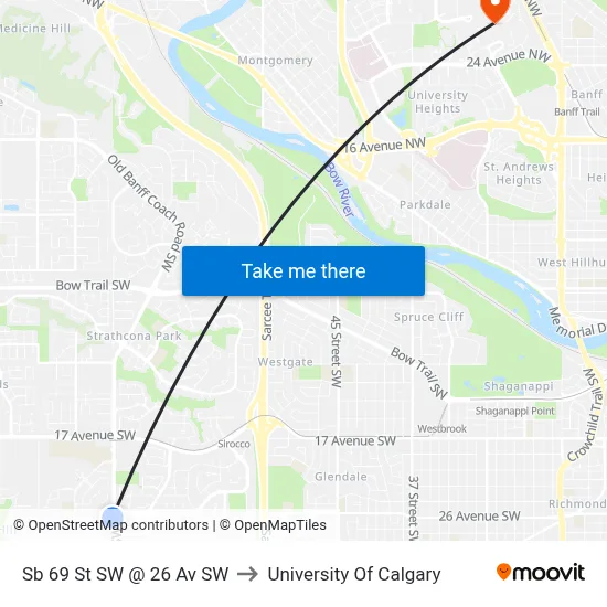 Sb 69 St SW @ 26 Av SW to University Of Calgary map