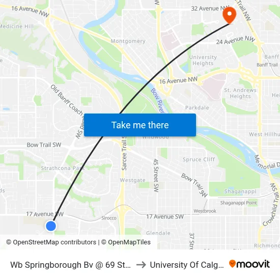 Wb Springborough Bv @ 69 St SW to University Of Calgary map
