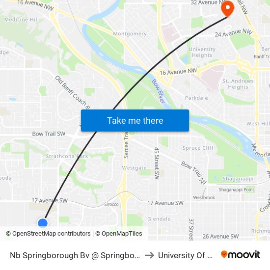 Nb Springborough Bv @ Springborough Gr SW to University Of Calgary map