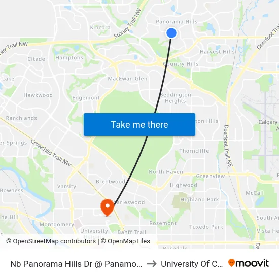 Nb Panorama Hills Dr @ Panamount Gd NW to University Of Calgary map