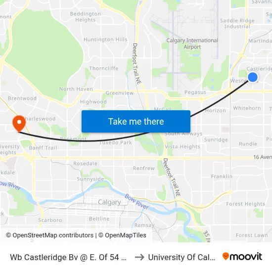 Wb Castleridge Bv @ E. Of 54 Av NE to University Of Calgary map
