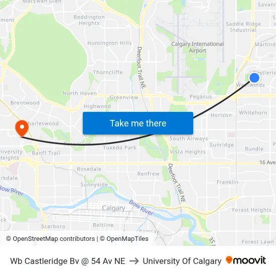 Wb Castleridge Bv @ 54 Av NE to University Of Calgary map