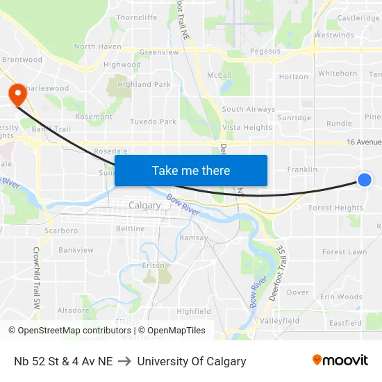 Nb 52 St & 4 Av NE to University Of Calgary map