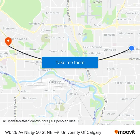 Wb 26 Av NE @ 50 St NE to University Of Calgary map