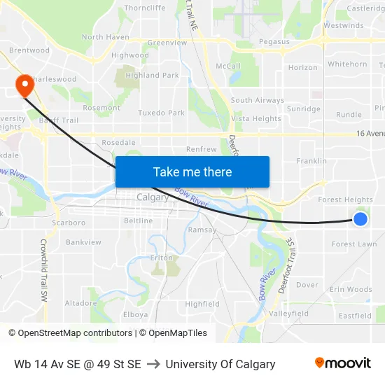 Wb 14 Av SE @ 49 St SE to University Of Calgary map