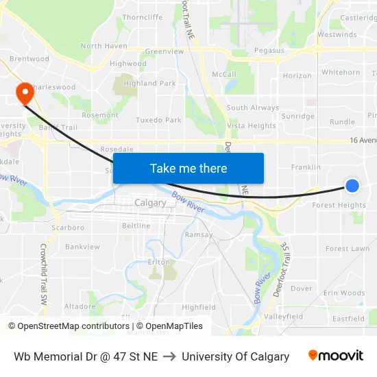 Wb Memorial Dr @ 47 St NE to University Of Calgary map