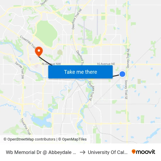 Wb Memorial Dr @ Abbeydale Dr NE to University Of Calgary map